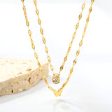 6.7*5mm Cutout Full Light Butterfly Pendant 5mm Cylindrical Sticky White Diamond Accessory Lip Chain 45+40+5cm+6mm Round Plaque Double Chain Necklace Golden