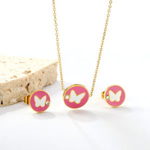 Round Butterfly Sticky White Diamonds Set Gold Earrings: 10mm Pendant: 11.8mm 0.3 Cross Chain 40+5cm+6mm Round Plaque