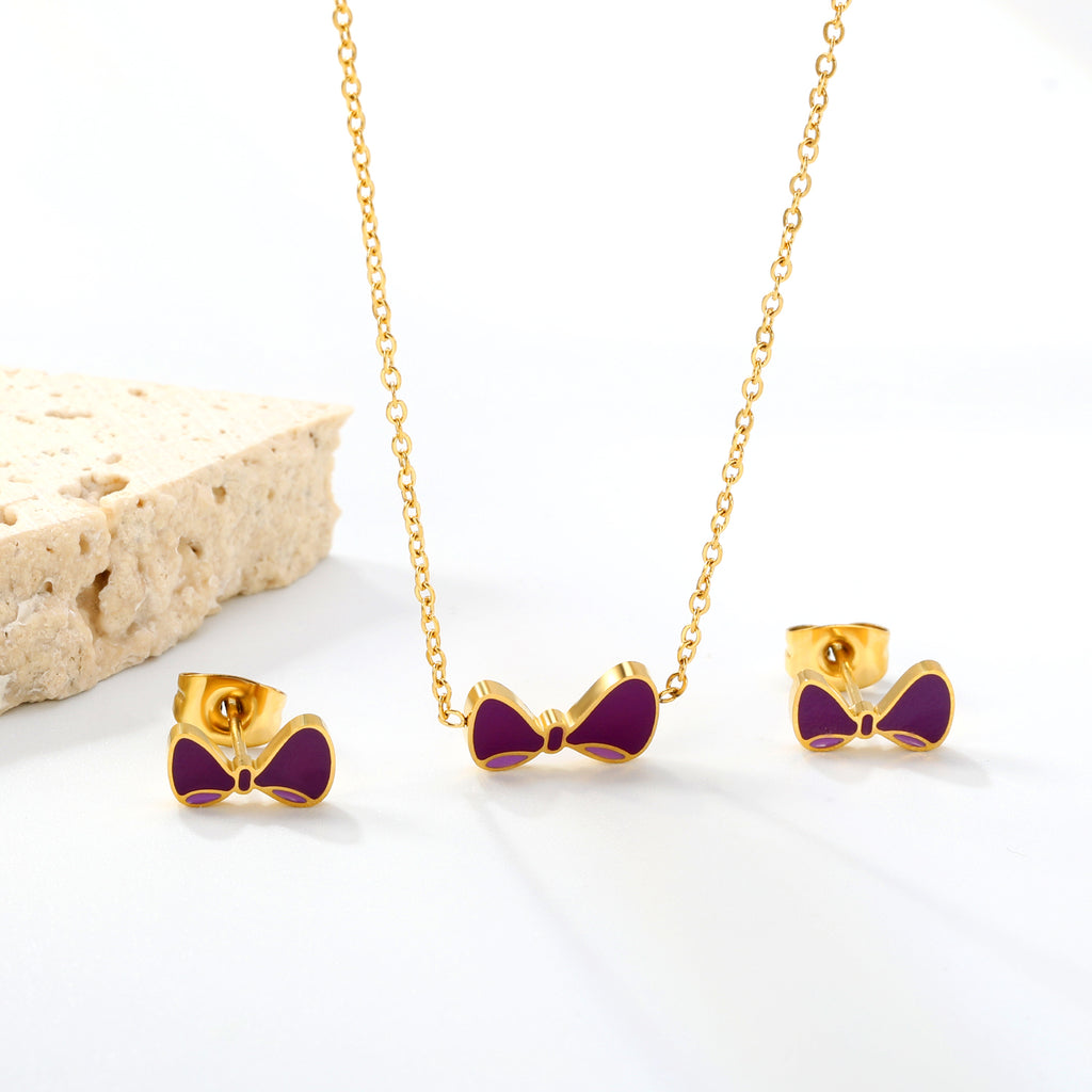 Bow Set Gold Earrings: 10*5.5mm Pendant: 11.8*6.5mm 0.3 Cross Chain 40+5cm+6mm Round Plaque