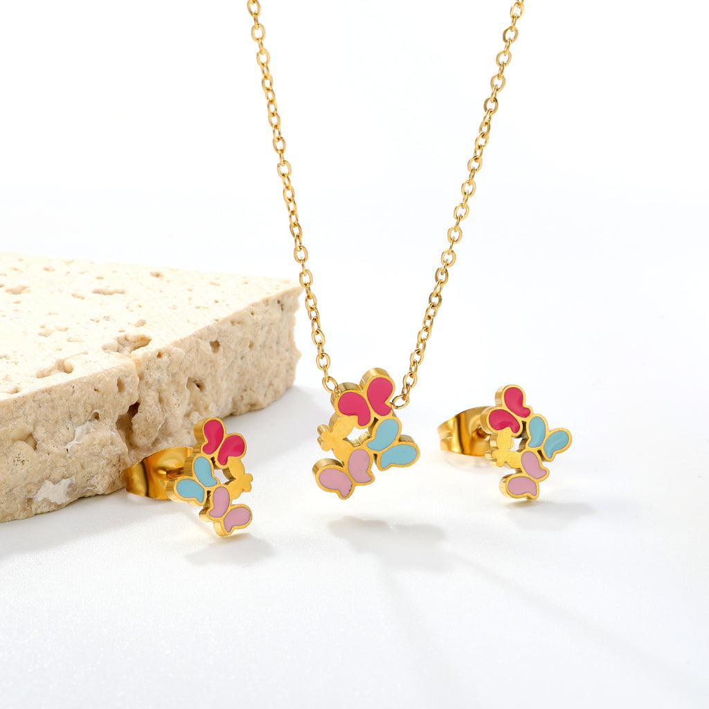 Mixed Color Butterfly Set Gold Earrings: 7.7*9.8mm Pendant: 9.4*12mm 0.3 Cross Chain 40+5cm+6mm Round Plaque