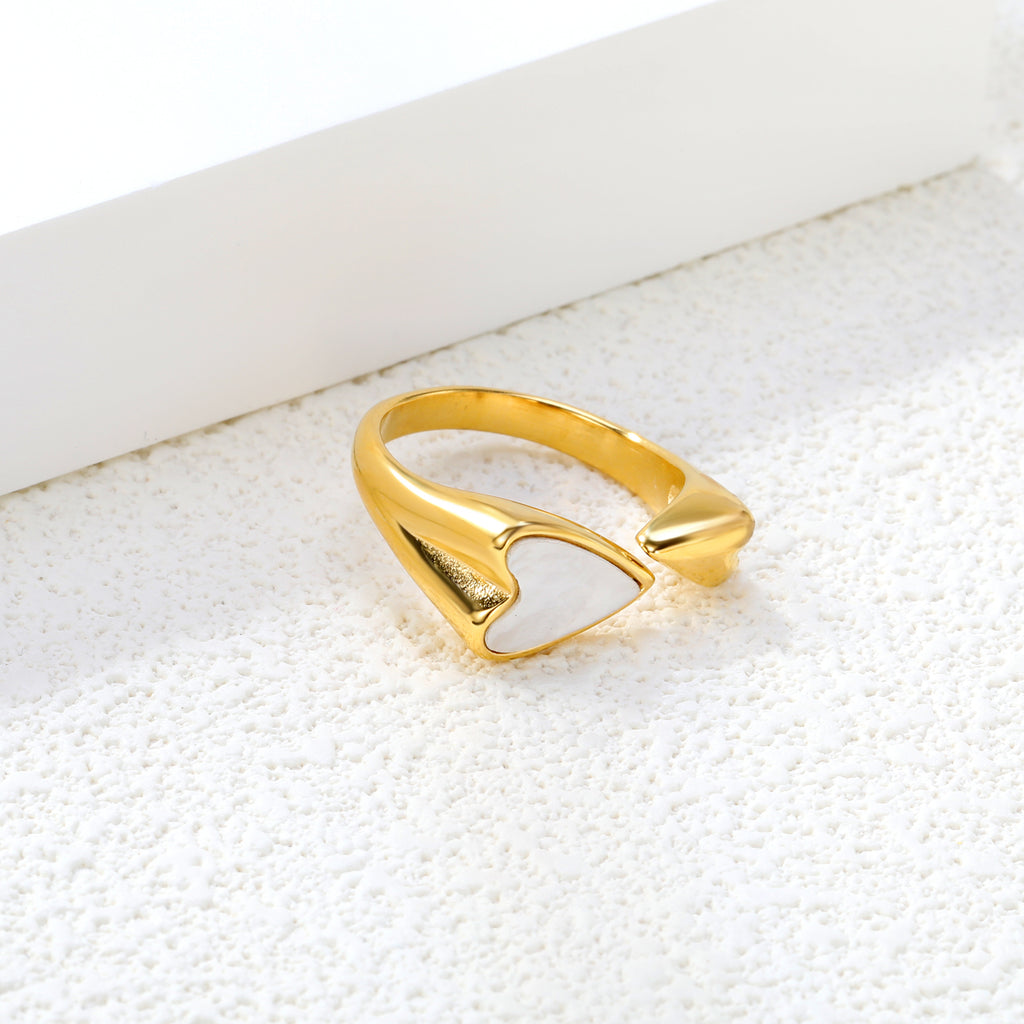 9.8mm H-Size Heart-Shaped White Shell Inlay Gold-Plated Ring