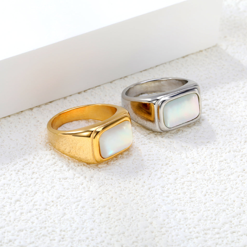 11mm Square White Steel/Gold Plated Fashion Ring