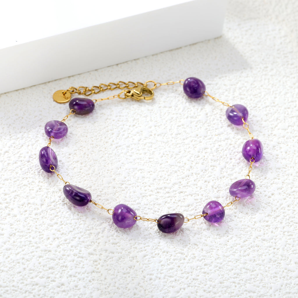 About 8.6*7mm Amethyst 0.3 Elongated Chain 20+3cm+6mm Round Plaque Bracelet Golden