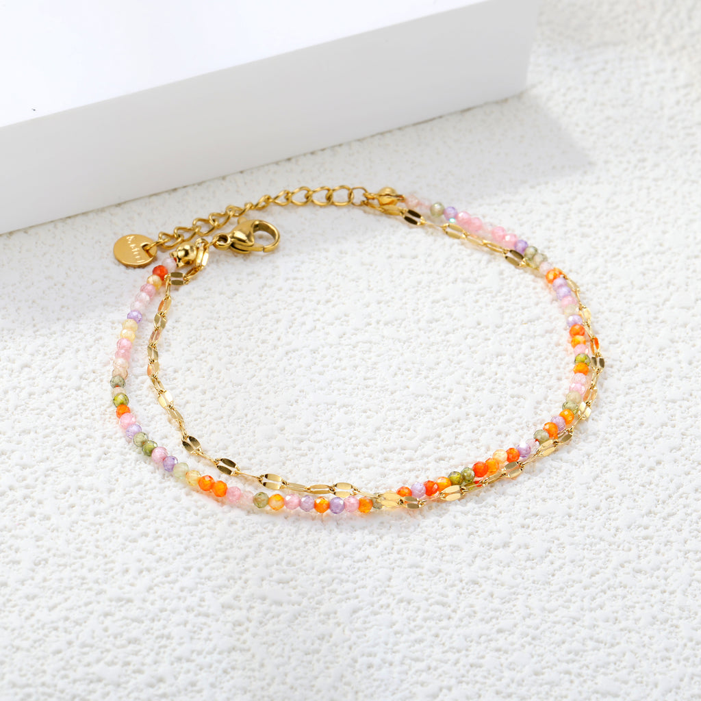 2mm color zirconium beads*18cm+double lip chain 16+3cm end chain+6mm round plate Double chain bracelet Steel/Golden