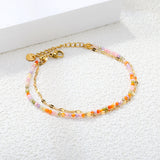 2mm color zirconium beads*18cm+double lip chain 16+3cm end chain+6mm round plate Double chain bracelet Steel/Golden