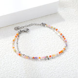 2mm color zirconium beads*18cm+double lip chain 16+3cm end chain+6mm round plate Double chain bracelet Steel/Golden
