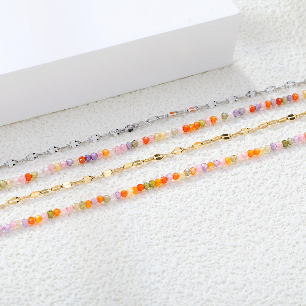 2mm color zirconium beads*18cm+double lip chain 16+3cm end chain+6mm round plate Double chain bracelet Steel/Golden