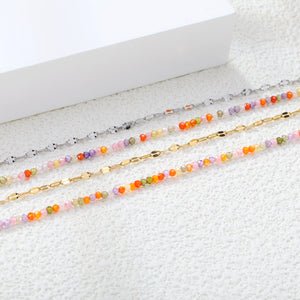 2mm color zirconium beads*18cm+double lip chain 16+3cm end chain+6mm round plate Double chain bracelet Steel/Golden