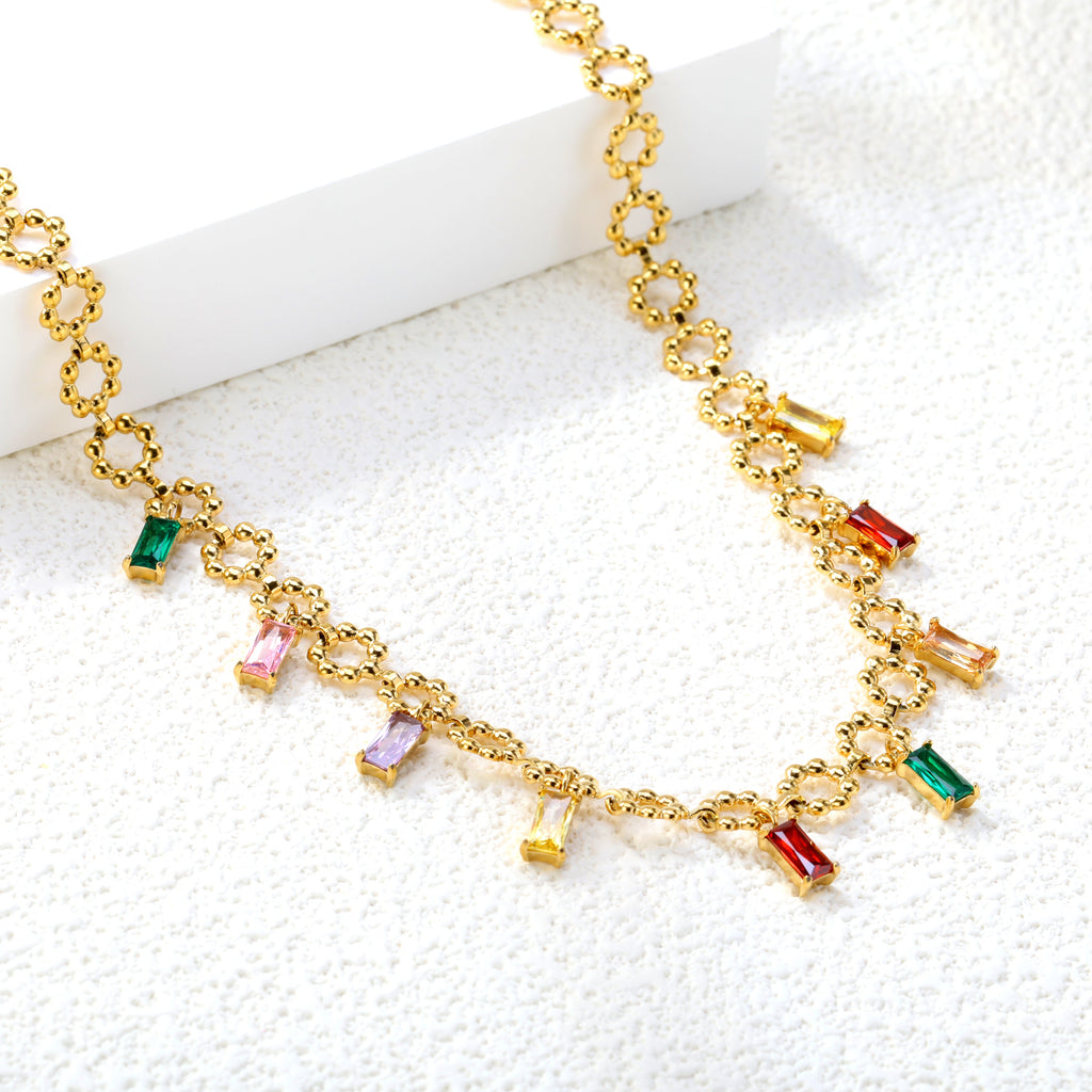 3.1*6mm square diamond mixed color accessories 7mm seven beads wreath chain *40+5cm+6mm round plate necklace Golden