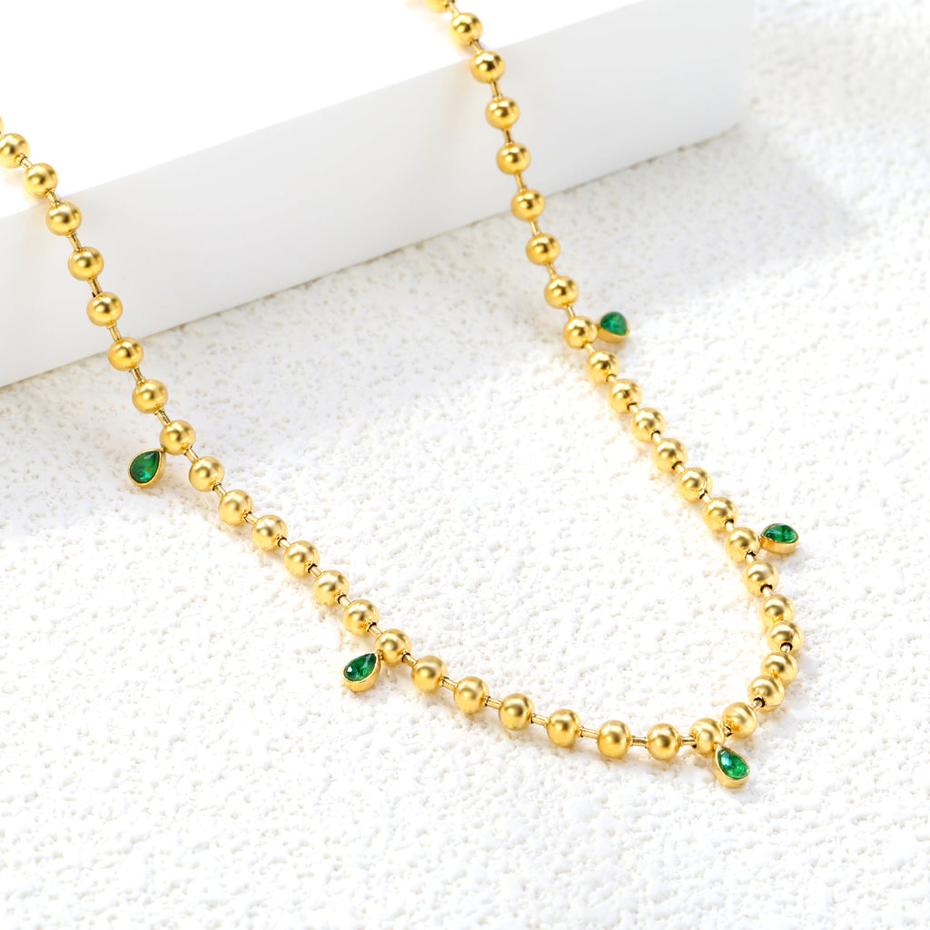 3*3.8mm teardrop emerald diamonds accessories 3mm beads chain *40+5cm+6mm round plaque Necklace Golden