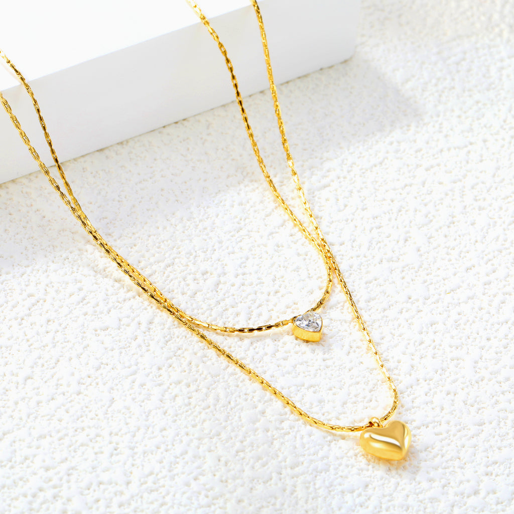 8*7.3mm hollow heart pendant 5*5mm heart shape sticky white diamond 0.9 hammer square chain 50+40+5cm+6mm round plate double chain necklace Golden