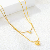 8*7.3mm hollow heart pendant 5*5mm heart shape sticky white diamond 0.9 hammer square chain 50+40+5cm+6mm round plate double chain necklace Golden