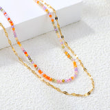 2mm color zirconia beads*40cm double lip chain45+5cm end chain+6mm round plate double necklace Steel/Golden