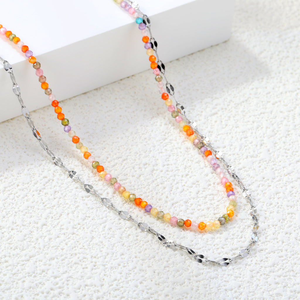 2mm color zirconia beads*40cm double lip chain45+5cm end chain+6mm round plate double necklace Steel/Golden