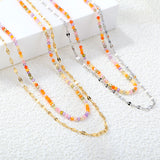 2mm color zirconia beads*40cm double lip chain45+5cm end chain+6mm round plate double necklace Steel/Golden