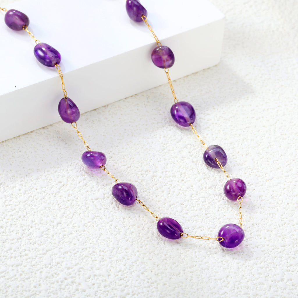 Approx. 9.5*7.4mm amethyst accessories 0.3 elongated chain 40+5cm+6mm round plate necklace gold color