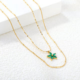 12*12mm Flower with Green Zirconia Pendant 0.9 Hammered Round Clip Bead*45cm+0.9 Full Star 40+5cm+6mm Round Plaque Double Chain Necklace GOLDEN