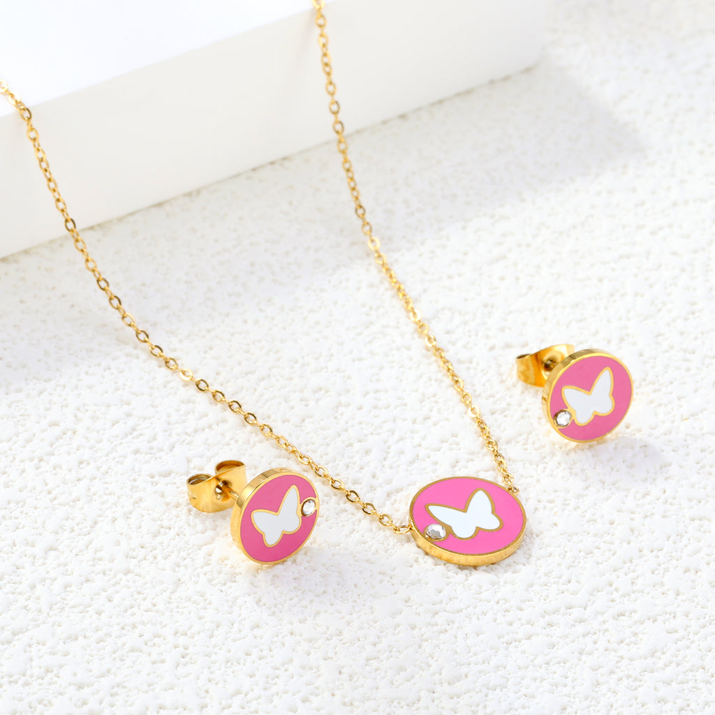 Round Butterfly Sticky White Diamonds Set Gold Earrings: 10mm Pendant: 11.8mm 0.3 Cross Chain 40+5cm+6mm Round Plaque