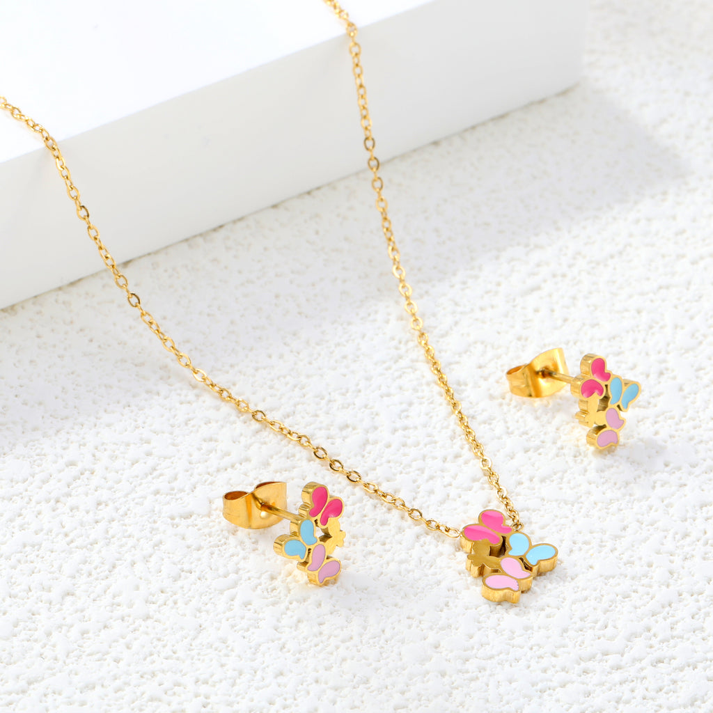 Mixed Color Butterfly Set Gold Earrings: 7.7*9.8mm Pendant: 9.4*12mm 0.3 Cross Chain 40+5cm+6mm Round Plaque
