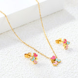 Mixed Color Butterfly Set Gold Earrings: 7.7*9.8mm Pendant: 9.4*12mm 0.3 Cross Chain 40+5cm+6mm Round Plaque