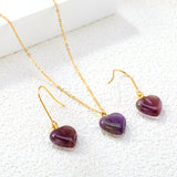 Gray/Purple/Blue Heart Stones Set Gold Earrings:12.2*12.3mm Pendant:12.2*12.3mm 0.3 Cross Chain 40+5cm+6mm Round Plaque