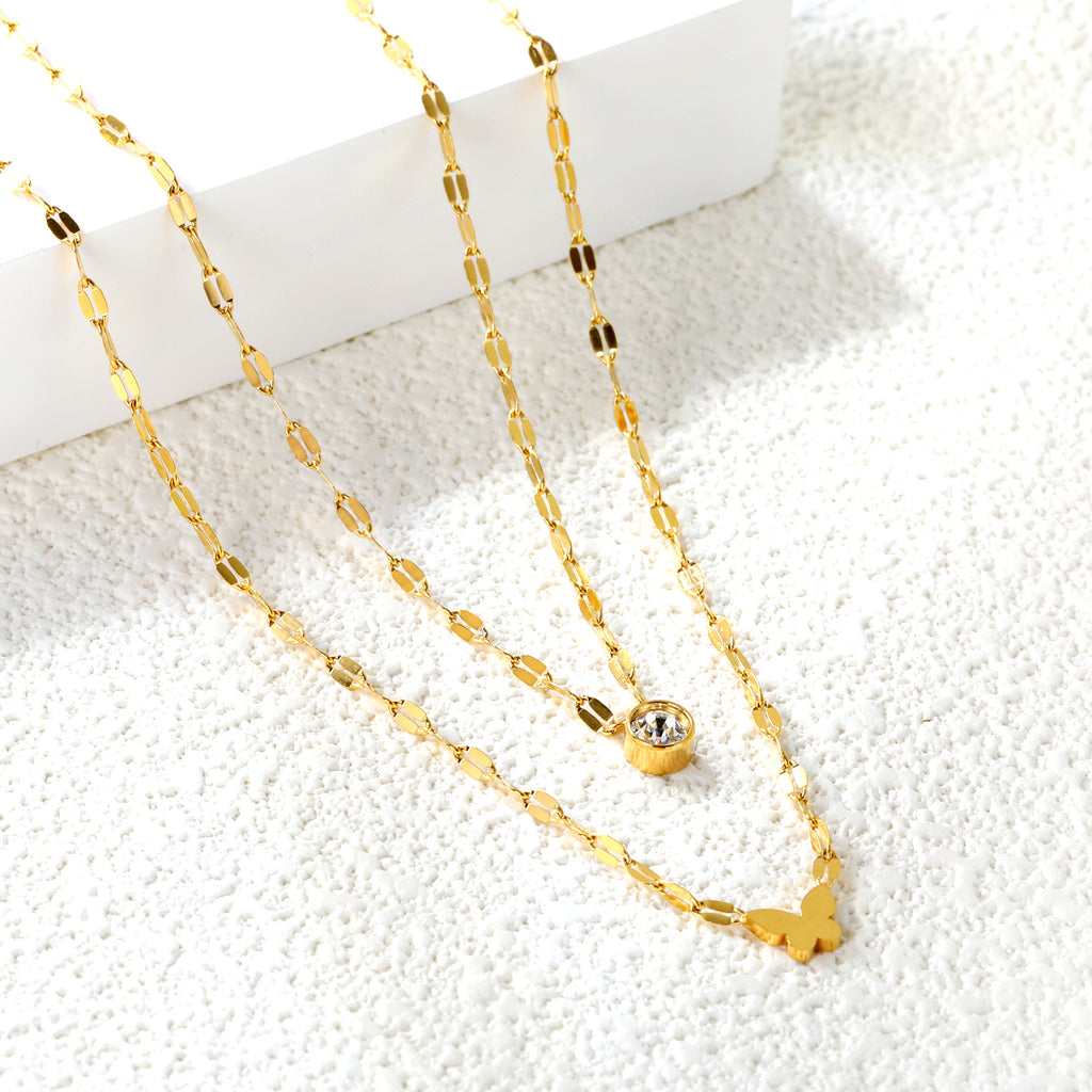 6.7*5mm Cutout Full Light Butterfly Pendant 5mm Cylindrical Sticky White Diamond Accessory Lip Chain 45+40+5cm+6mm Round Plaque Double Chain Necklace Golden