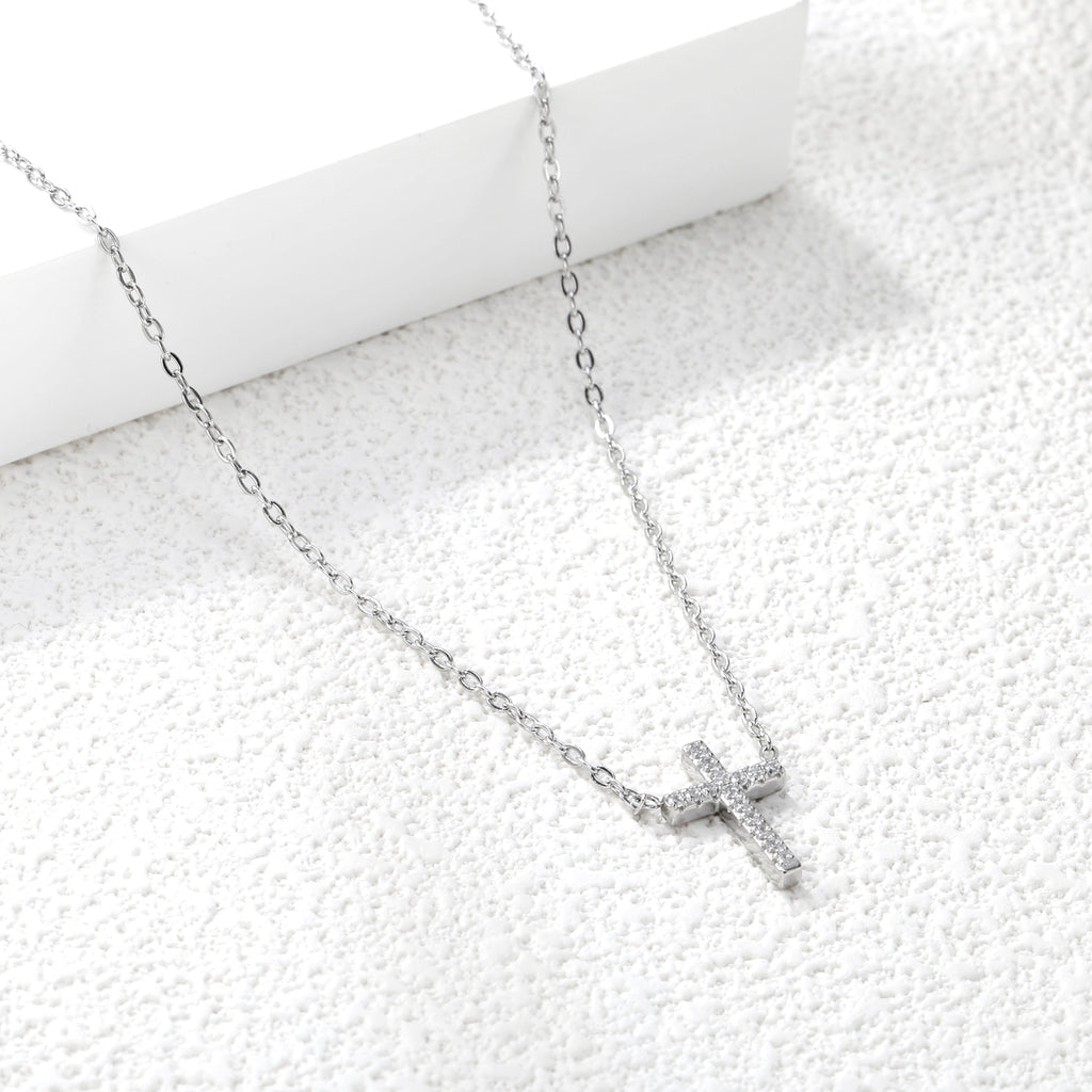 10*15mm cross with white diamond pendant necklace 42+5cm steel color/golden