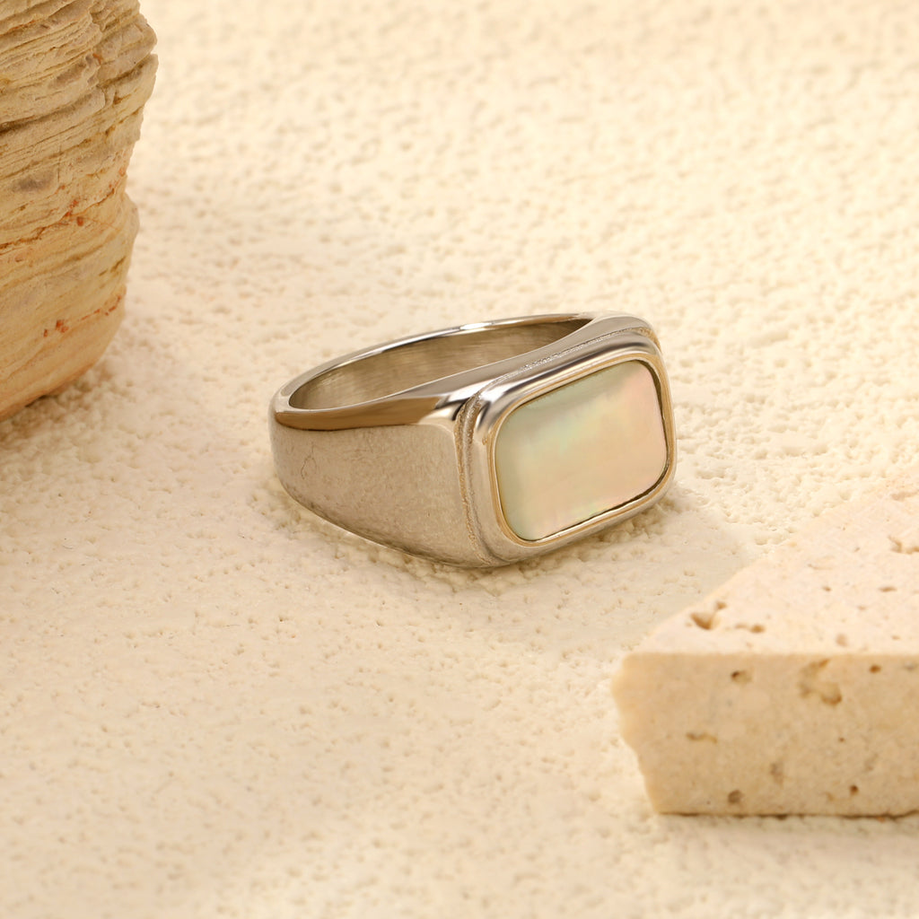 11mm Square White Steel/Gold Plated Fashion Ring