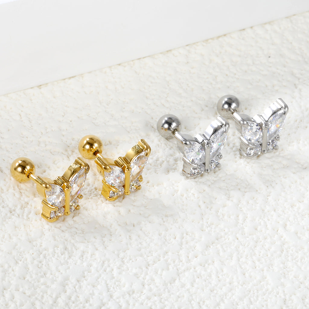 Steel Bead Screwback Butterfly with White Diamonds & Mixed Diamonds Earrings 9.2*8.3mm