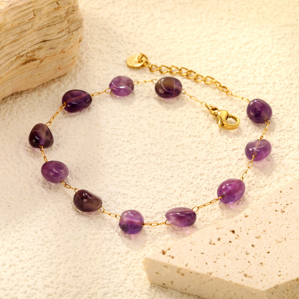 About 8.6*7mm Amethyst 0.3 Elongated Chain 20+3cm+6mm Round Plaque Bracelet Golden