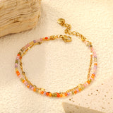 2mm color zirconium beads*18cm+double lip chain 16+3cm end chain+6mm round plate Double chain bracelet Steel/Golden