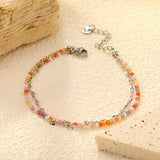 2mm color zirconium beads*18cm+double lip chain 16+3cm end chain+6mm round plate Double chain bracelet Steel/Golden