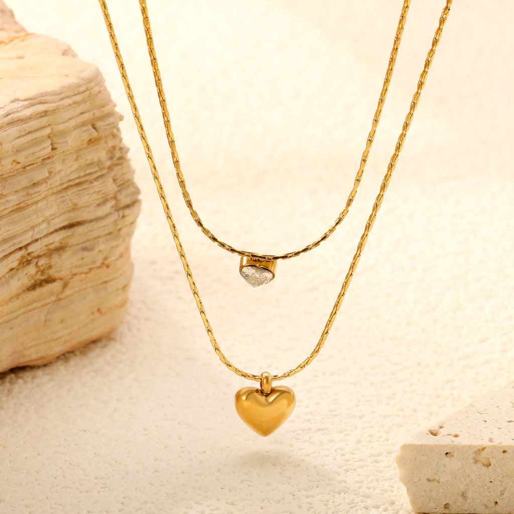 8*7.3mm hollow heart pendant 5*5mm heart shape sticky white diamond 0.9 hammer square chain 50+40+5cm+6mm round plate double chain necklace Golden