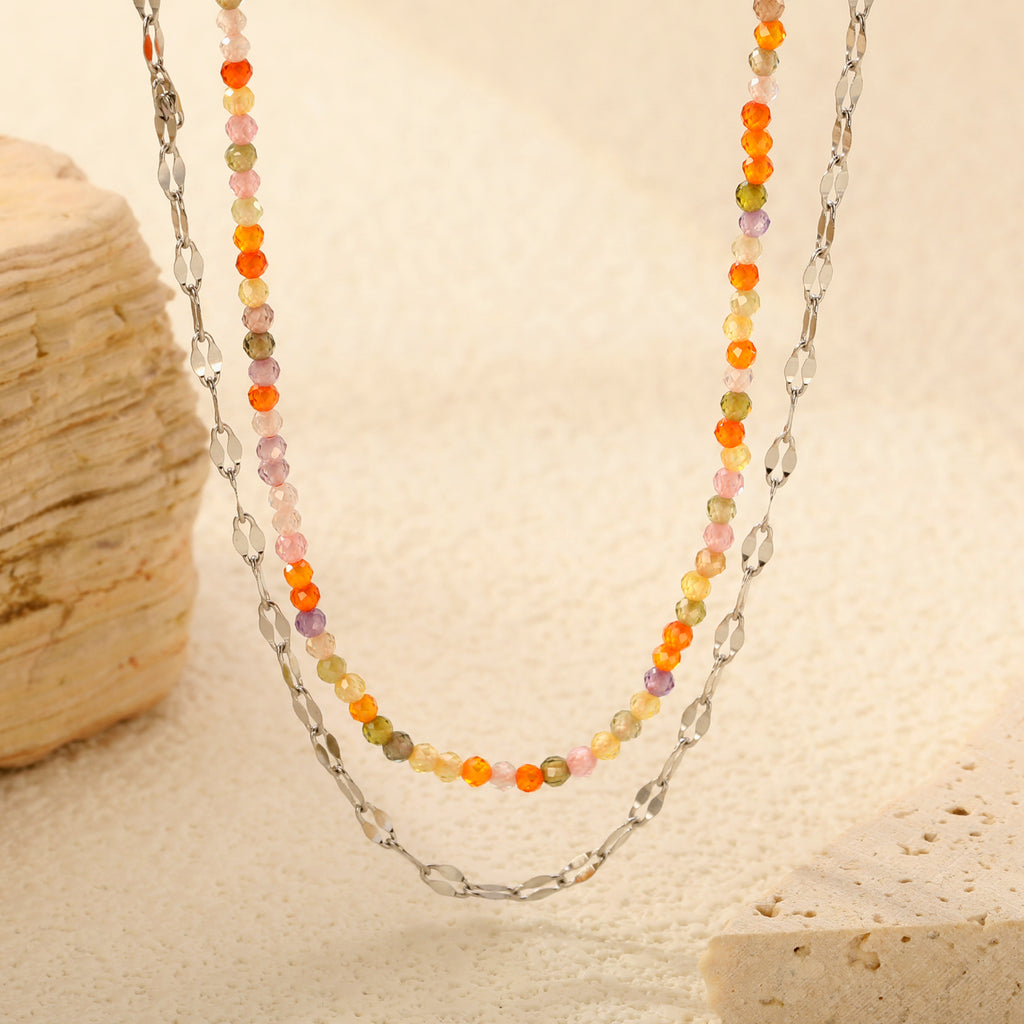 2mm color zirconia beads*40cm double lip chain45+5cm end chain+6mm round plate double necklace Steel/Golden