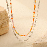 2mm color zirconia beads*40cm double lip chain45+5cm end chain+6mm round plate double necklace Steel/Golden