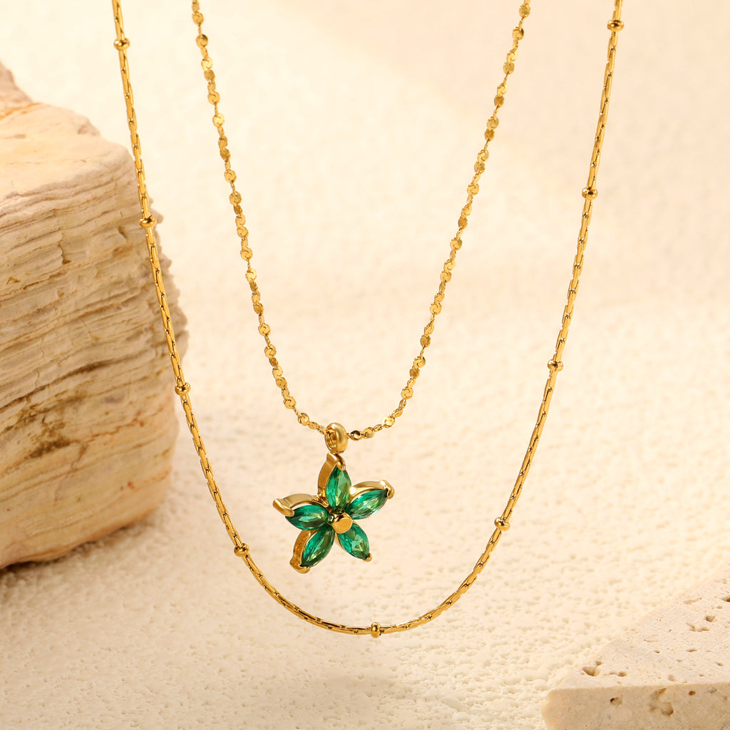 12*12mm Flower with Green Zirconia Pendant 0.9 Hammered Round Clip Bead*45cm+0.9 Full Star 40+5cm+6mm Round Plaque Double Chain Necklace GOLDEN