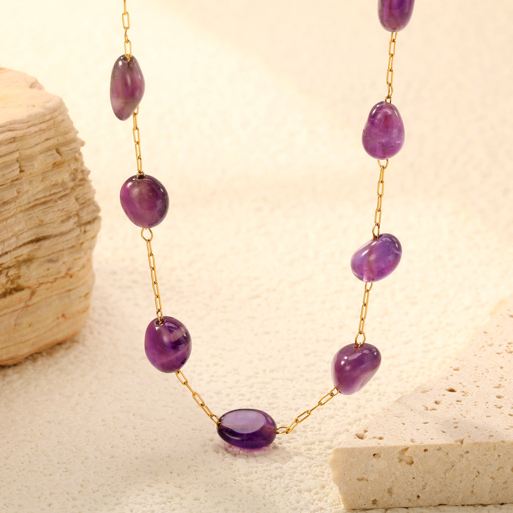 Approx. 9.5*7.4mm amethyst accessories 0.3 elongated chain 40+5cm+6mm round plate necklace gold color