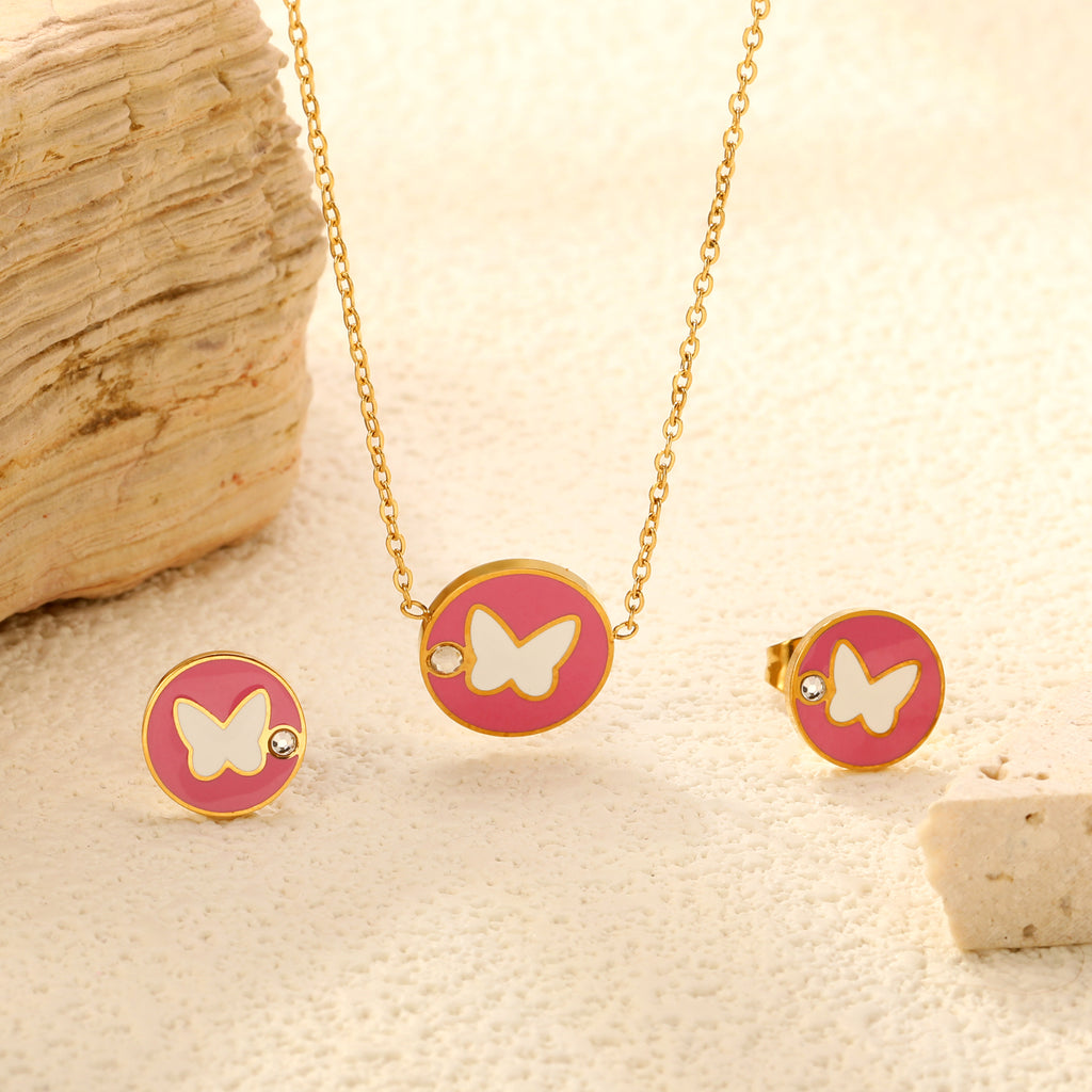 Round Butterfly Sticky White Diamonds Set Gold Earrings: 10mm Pendant: 11.8mm 0.3 Cross Chain 40+5cm+6mm Round Plaque