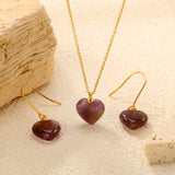 Gray/Purple/Blue Heart Stones Set Gold Earrings:12.2*12.3mm Pendant:12.2*12.3mm 0.3 Cross Chain 40+5cm+6mm Round Plaque