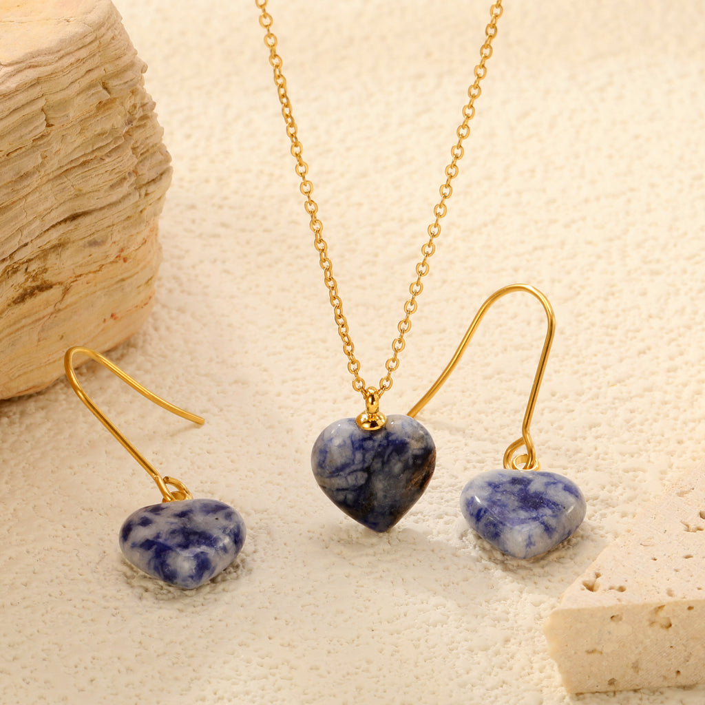 Gray/Purple/Blue Heart Stones Set Gold Earrings:12.2*12.3mm Pendant:12.2*12.3mm 0.3 Cross Chain 40+5cm+6mm Round Plaque