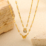 6.7*5mm Cutout Full Light Butterfly Pendant 5mm Cylindrical Sticky White Diamond Accessory Lip Chain 45+40+5cm+6mm Round Plaque Double Chain Necklace Golden