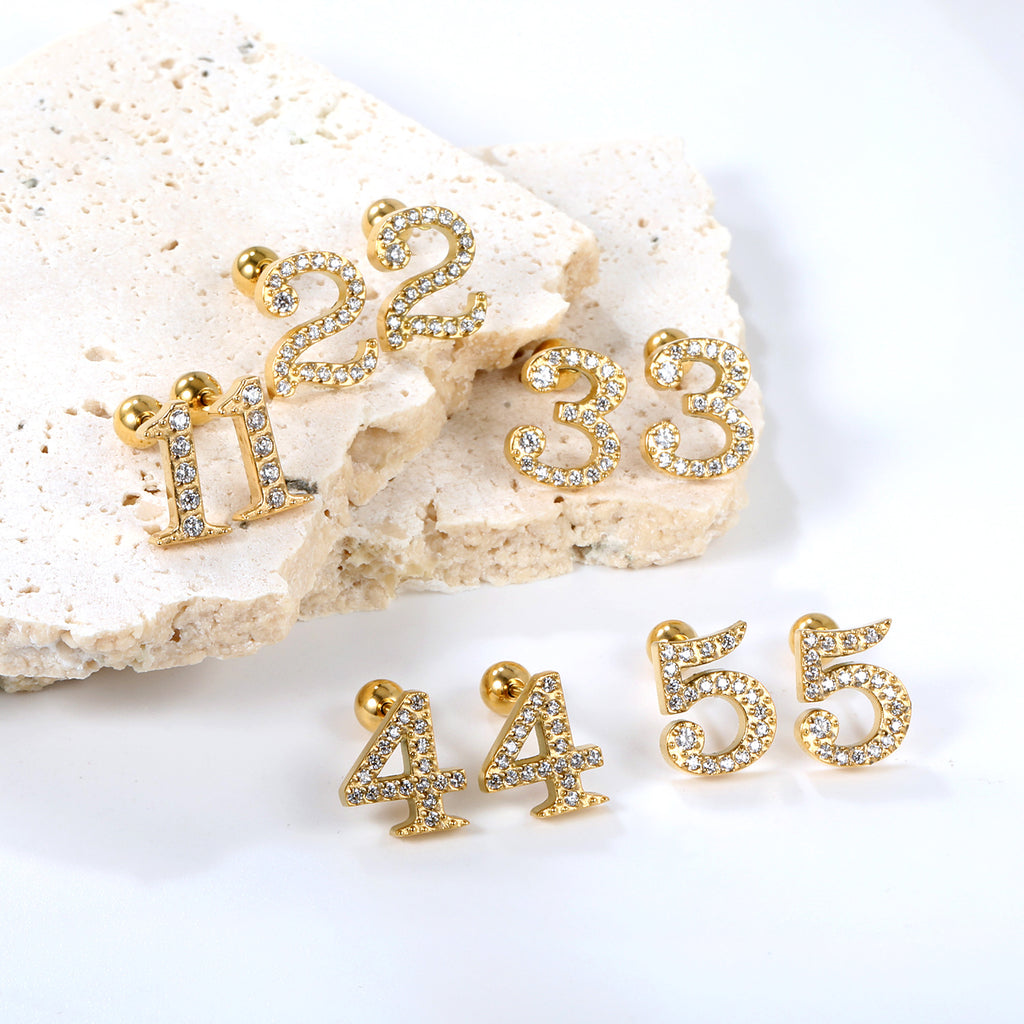 Steel ball screw-in numbers 1~9 with white diamond earrings 6*10mm