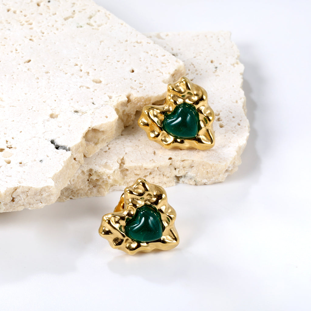 Pink & Green Diamonds Bumpy Heart Stud Earrings 15*15.6mm
