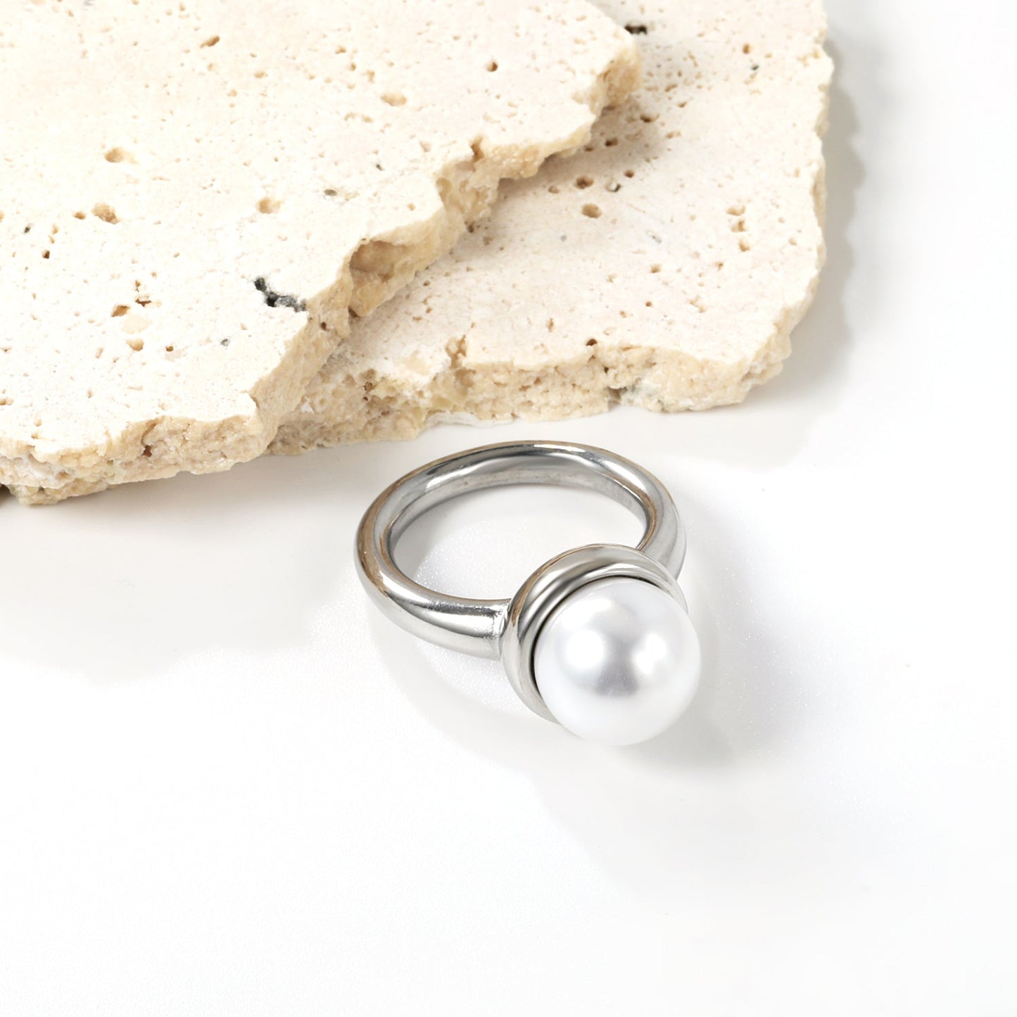 Minimalist band ring with oversized white round pearls. asonjewelry