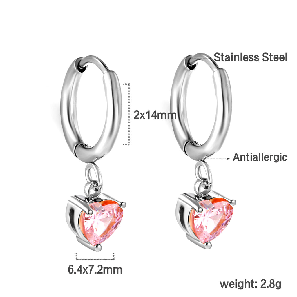 2x14mm Circle with Heart Diamond Pink Stud Earrings 6.4*7.2mm