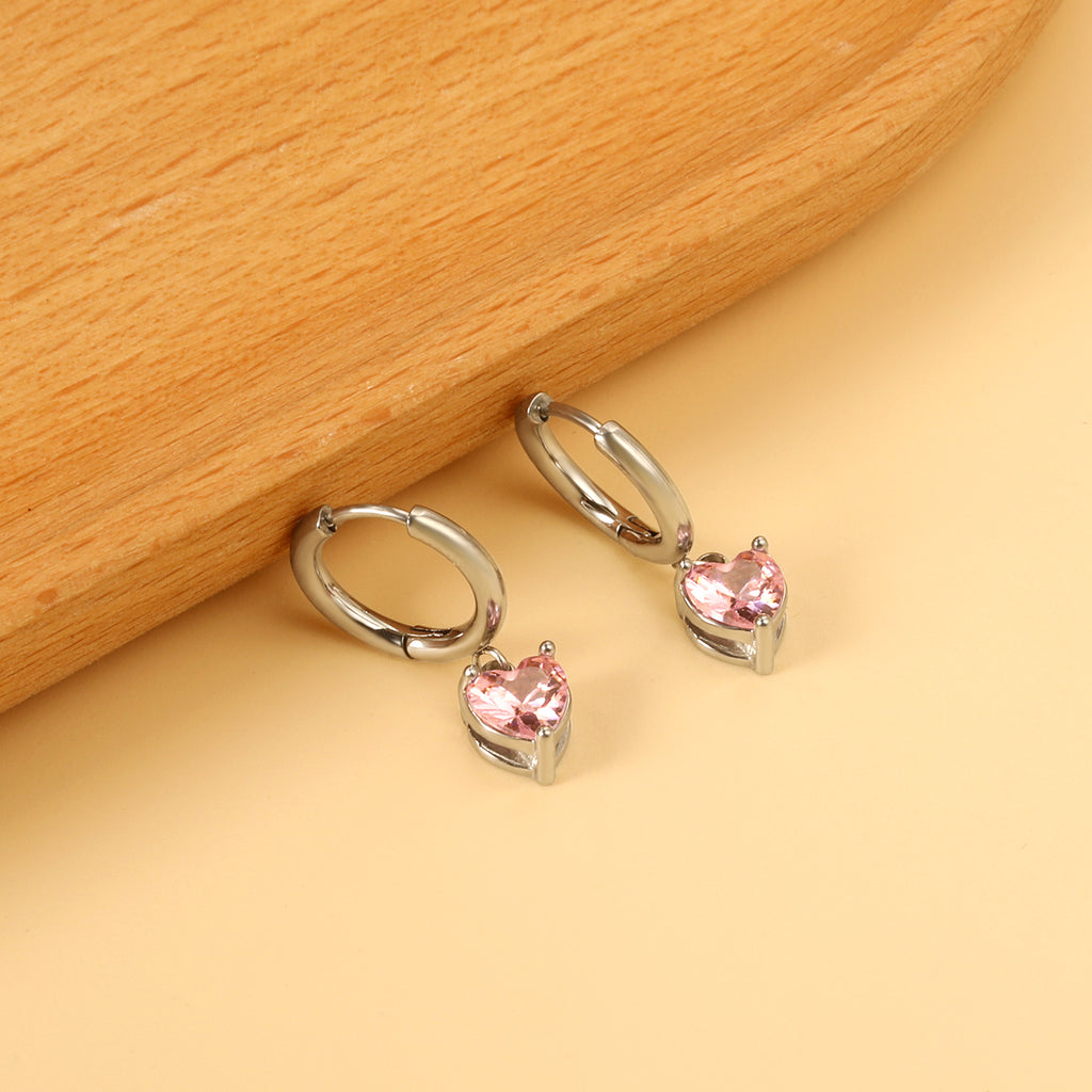 2x14mm Circle with Heart Diamond Pink Stud Earrings 6.4*7.2mm