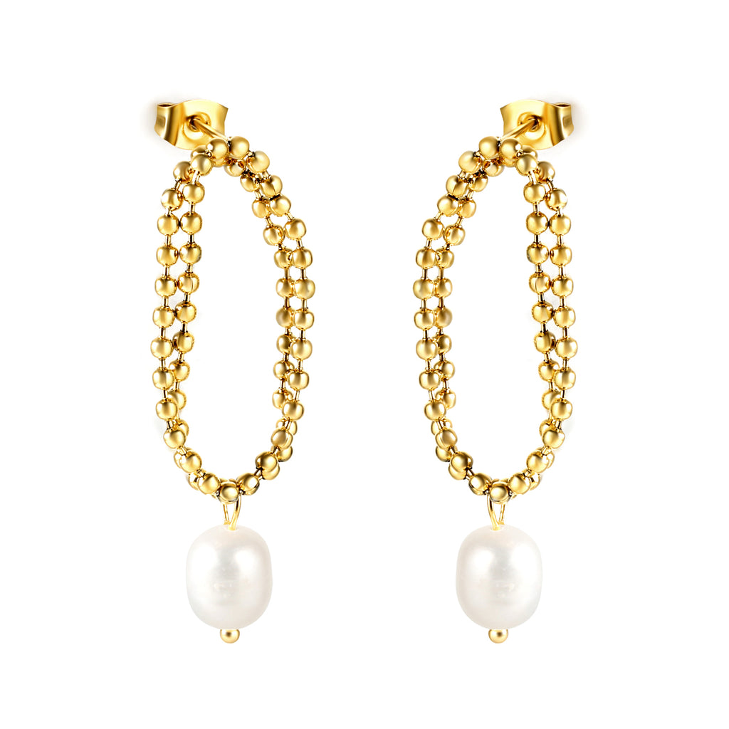 Spring 2024 Double Layers Bead Chain with White Pearls 7.5*9mm Earrings