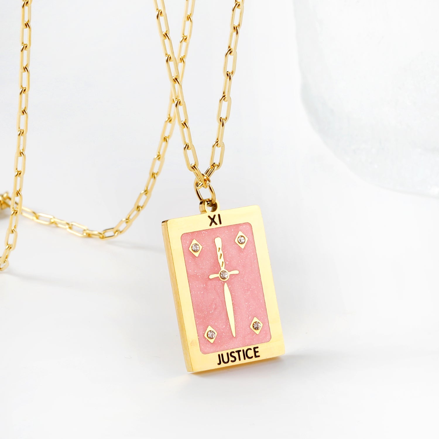 Spring 2024 Rectangle Long Sword Pink Pattern Pendant 16*22mm Necklace 45+5cm asonjewelry