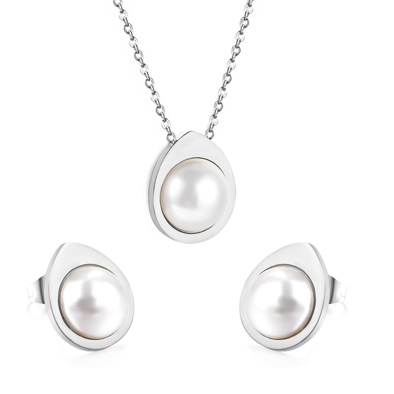 Teardrop shaped jewelry set with half white pearl steel color / gold asonjewelry