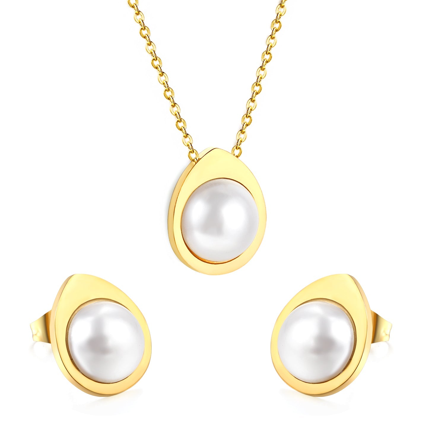 Teardrop shaped jewelry set with half white pearl steel color / gold asonjewelry